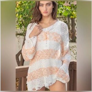POL Oversized Distressed Open Knit Sweater Cream Peach Stripe Boho Pullover M